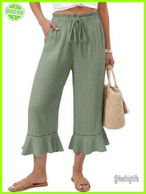 Linen Blend Wide Leg Ruffle Hem Capri Pants with Pockets
